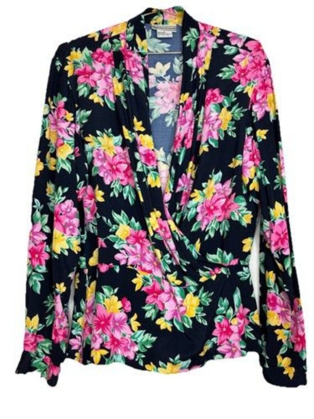 Vintage Evan Picone Size 12 Woman's Floral Wrap Snap Peplum Long Sleeve Blouse